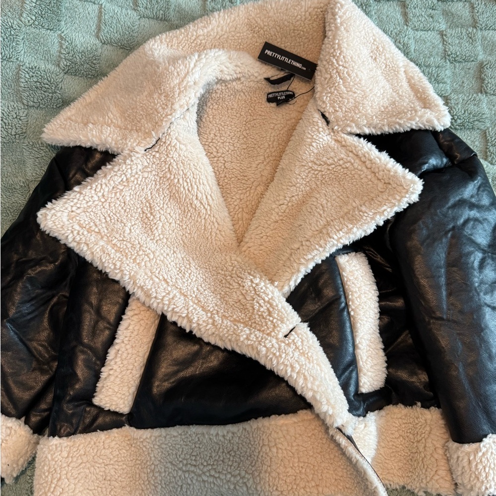 PrettyLittleThing Black Faux Leather with Cream Sherpa Aviator Coat